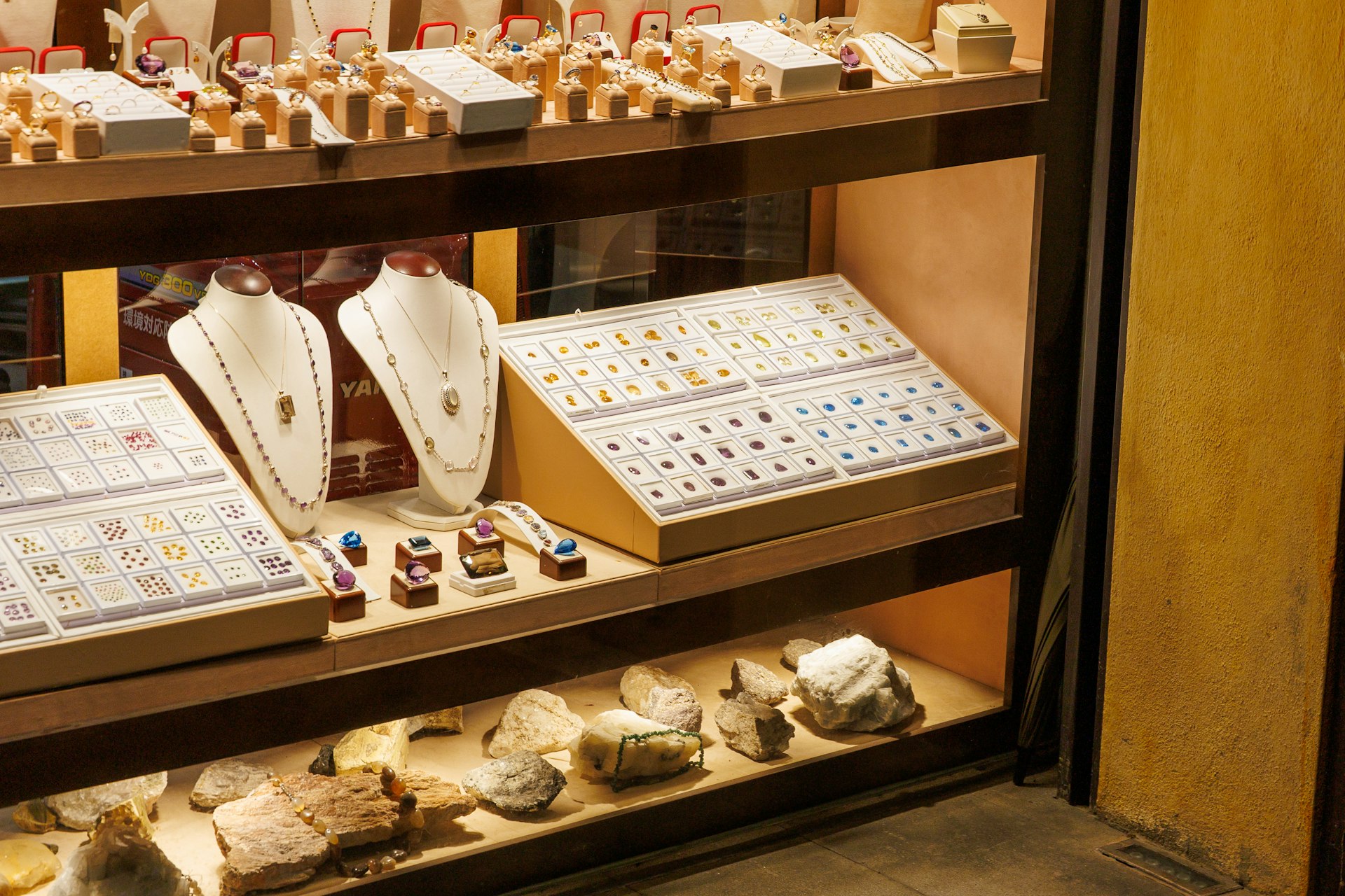 Jewelry display in a shop window.